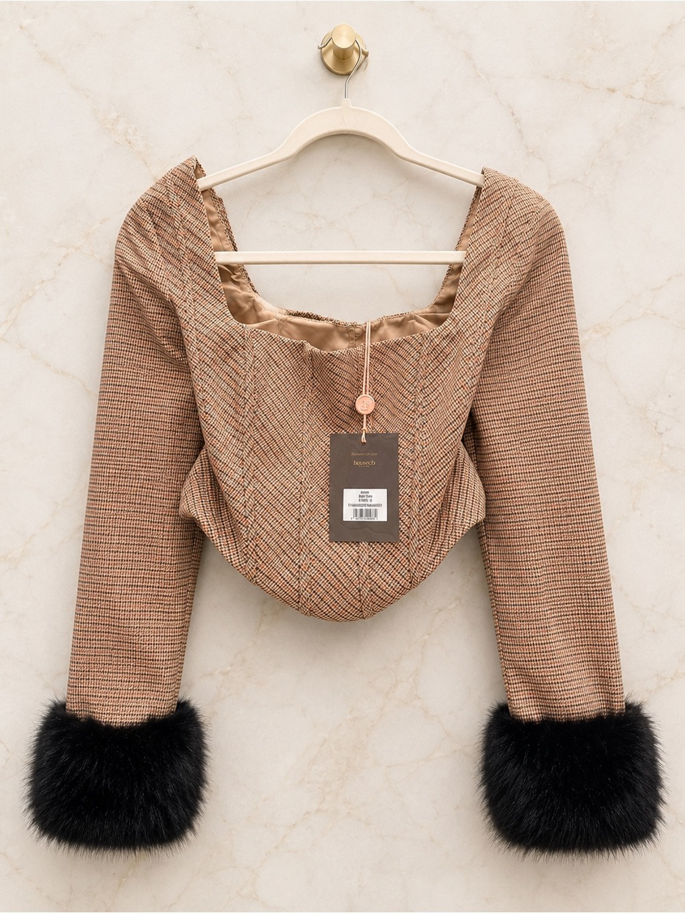 House of CB Amaris Brown Check Faux Fur Cuff Corset Top NWT